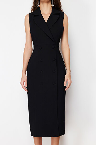 Trendyol Collection Double Breasted Collar Black Midi Dress with Pencil Skirt - Button Detail, Sleeveless - TWOSS24EL00616