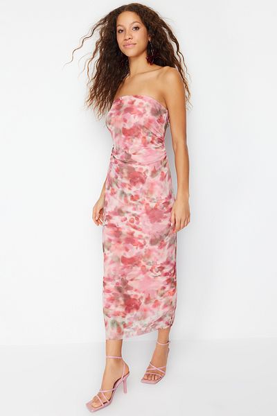 Trendyol Collection Ροζ FlexiBle Maxi Pencil Φόρεμα - ABstract Pattern, κορδόνι TWOSS24EL00081