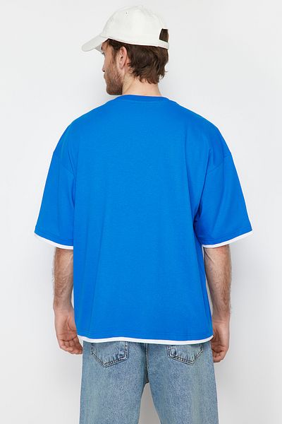 Trendyol Collection Oversize Blue Color Block Bavlněné tričko - Kapesní TMNSS22TS0527