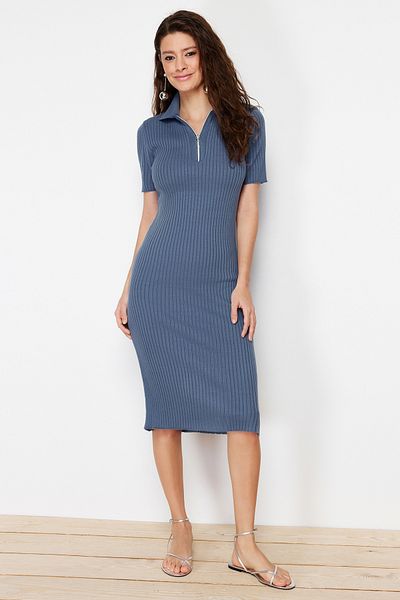 Trendyol Collection Indigo Midi Knitwear Polo Collar Dress TWOSS24EL00353