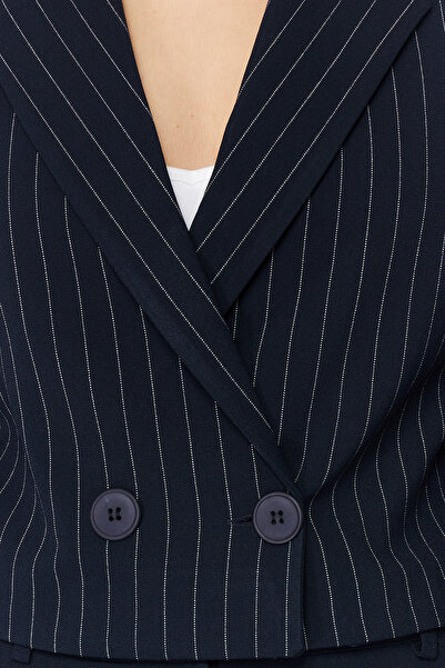Trendyol Collection Navy Blue Polyviscon Striped Crop Premium Woven Blazer Jacket TWOSS24BC00009