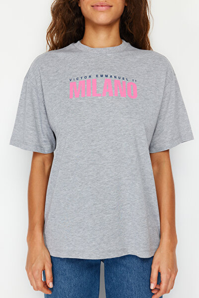 Trendyol Collection Gray Melange Front and Back Printed Oversize/Wide Fit Crew Neck Knitted T-Shirt TWOSS24TS00066