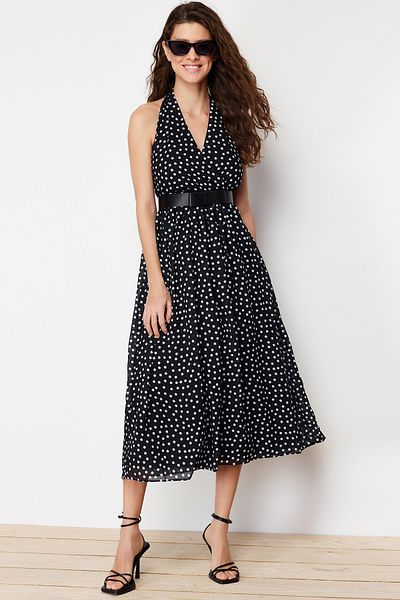 Trendyol Collection Black Belt Polka Dot Chiffon Lining Waist Opening Midi Woven Dress TWOSS24EL00228
