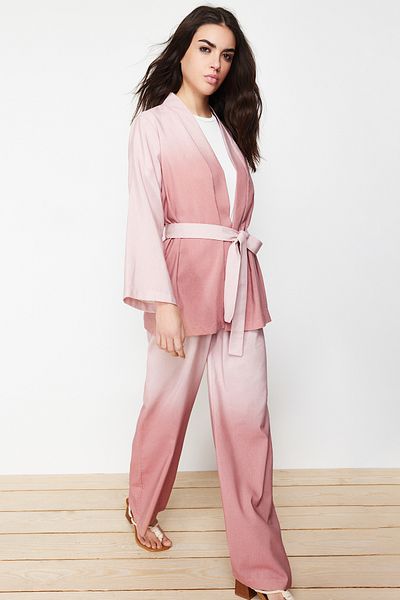 Trendyol Modest Purple Linen Look Woven Kimono Trousers Bottom Top Set TCTSS24US00025