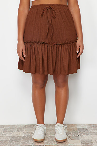 Trendyol Curve Brown Frilly Mini Knitted Skirt TBBSS24AZ00020
