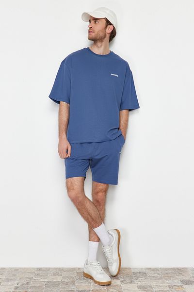 Trendyol Collection Σετ φόρμας Indigo Oversize - Text Printed, 100% Cotton, TMNSS24EM00003