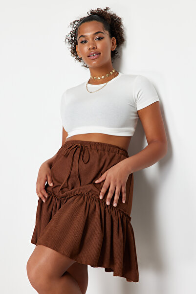 Trendyol Curve Brown Frilly Mini Knitted Skirt TBBSS24AZ00020