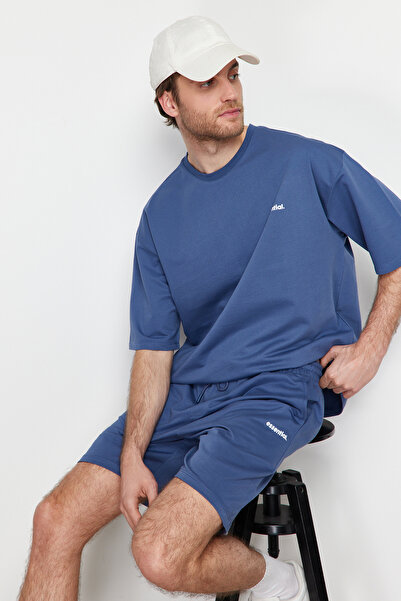 Trendyol Collection Indigo Oversize Tracksuit Set - Text Printed, 100% Cotton, TMNSS24EM00003