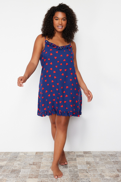 Trendyol Curve Mini tkaná noční košile TBBSS24CH00010 se vzorem srdce v námořnické modré barvě