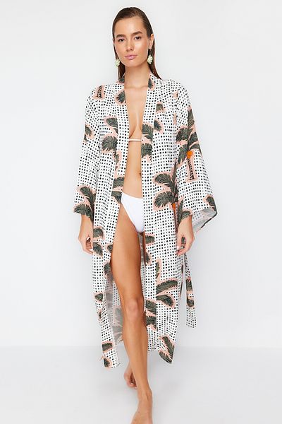 Trendyol Collection Strand-Kimono und Kaftan aus 100 % Baumwolle mit tropischem Muster und Gürtel TBESS24KM00033
