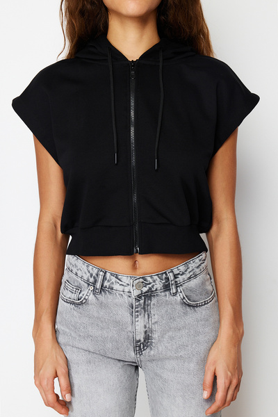 Trendyol Collection Чорний жилет з капюшоном на блискавці з нульовим рукавом TWOSS24YE00012