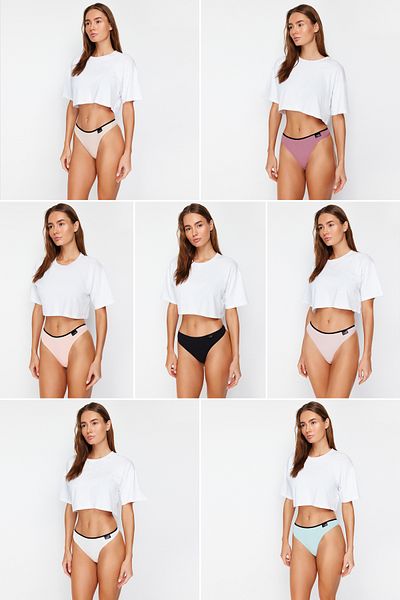 Trendyol Collection Pachet de 7 chiloți din bumbac cu etichetă detaliată, tricotați cu tanga THMSS24KU00008