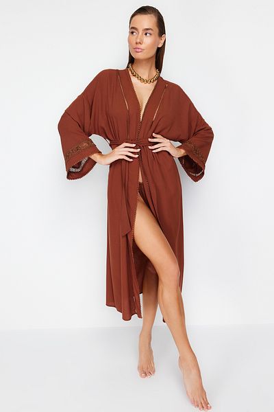 Trendyol Collection Kimono střední délky s páskem - 100% bavlna s proužkem příslušenství, na pláž TBESS21KM0008