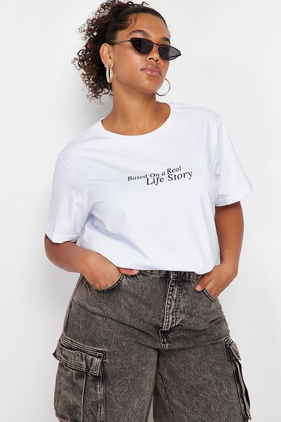 Trendyol Curve Fehér Boyfriend nyomott 100% pamut póló - TBBSS24BF00005