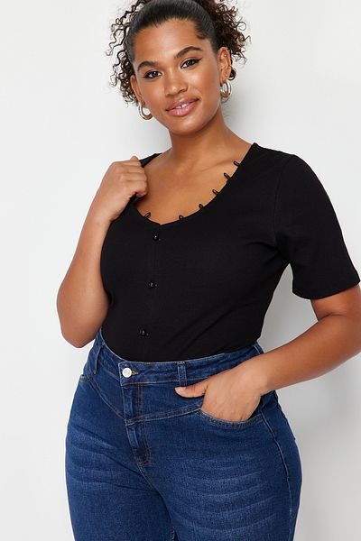 Trendyol Curve Corded Black Cotton Blouse - Unit Detail, TBBSS24AF00005