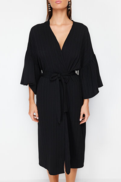 Trendyol Collection Black Belted Maxi Woven Flounce Linen Blend Kimono & Kaftan TBESS23KM00028