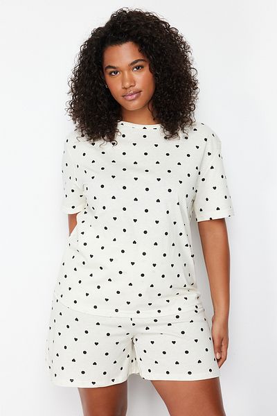 Trendyol Curve Set pijamale tricotate cu model inimă albă TBBSS24AI00025