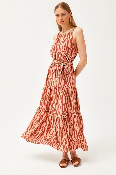 Olalook Damenkleid aus gewebter Viskose mit Zebramuster und Lachsrosa-Neckholder und Gürtel ELB-19001548