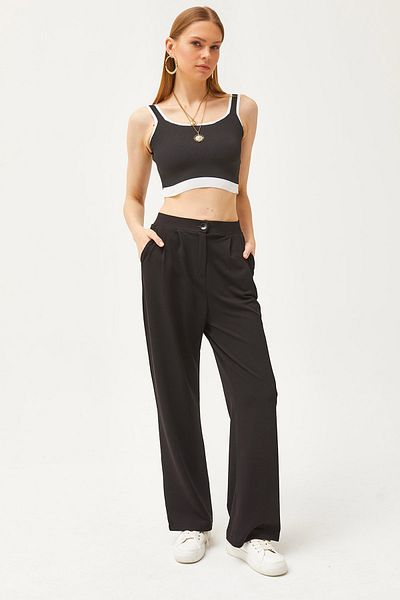 Olalook Women's Black Pocketed Pleated Wide Leg Palazzo Trousers PNT-19000256