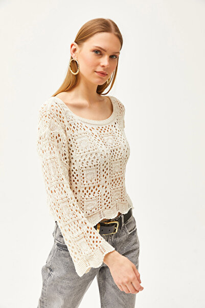 Olalook Damska bluzka bawełniana z naszywką w kolorze ecru BLZ-19002489