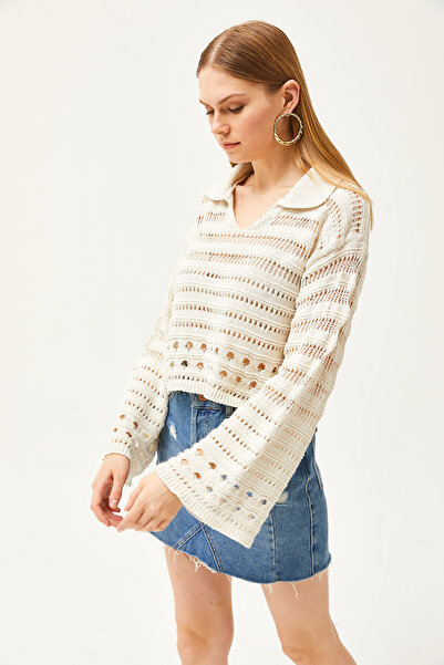 Olalook Women's Ecru Polo Neck Openwork Seasonal Knitwear Blouse BLZ-19002504