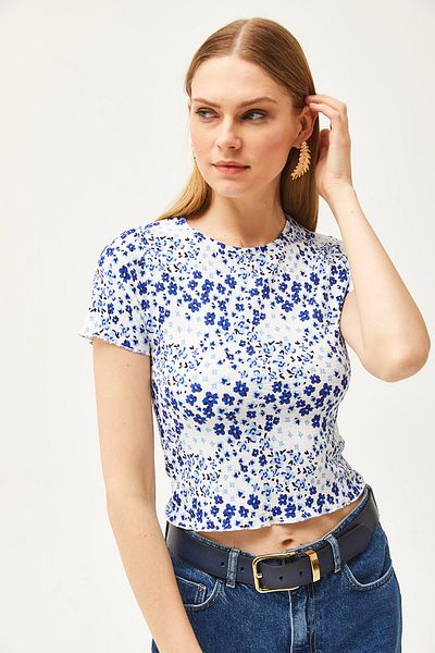Olalook Bluză de damă, albastră, cu decolteu rotund pentru bebeluși, crop overlock BLZ-19002510