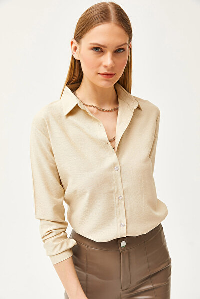 Olalook Women's Leopard Stone Jacquard Satin Detailed Woven Shirt GML-19001173