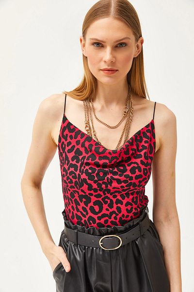 Olalook Women's Leopard Fuchsia Degaje Collar Rope Strap Blouse BLZ-19000987