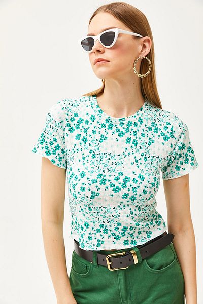 Olalook Γυναικεία Floral Grass Crew Neck Baby Overlock Crop Μπλούζα BLZ-19002510