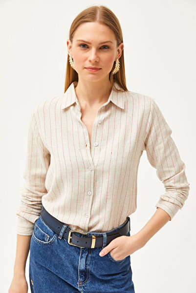 Olalook Women's Stone Red Striped Linen Shirt GML-19001176