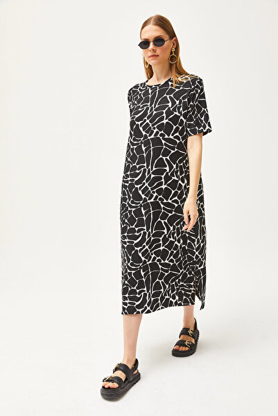 Olalook Burgundy Stone Black Side Slit Oversize Dress ELB-19001880