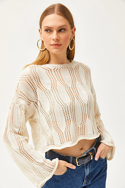 Olalook Ecrufarbene Bluse aus Baumwollstrick mit Rundhalsausschnitt und Muster für Damen BLZ-19002495