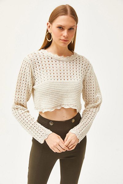 Olalook Women's Ecru Top Openwork Crop Seasonal Knitwear Blouse BLZ-19002505