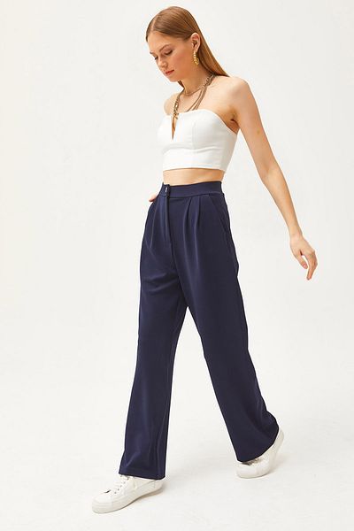 Olalook Women's Navy Blue Pocketed Pleated Wide Leg Palazzo Trousers PNT-19000256