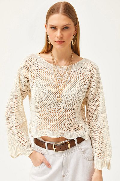 Olalook Women's Ecru Oval Patterned Cotton Knitwear Blouse BLZ-19002496