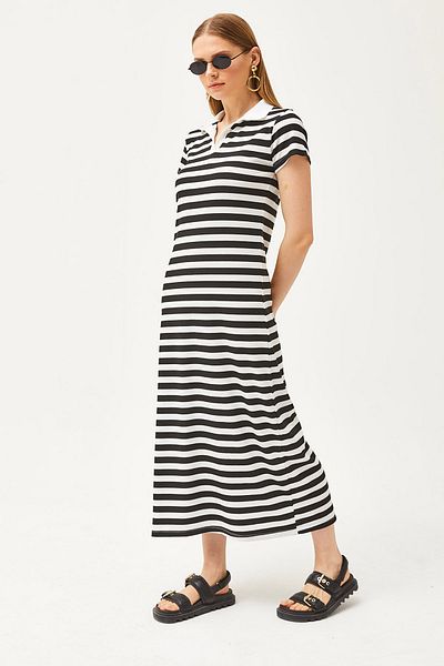 Olalook Schwarzes Lycra-Kleid mit Polokragen und Streifen für Damen ELB-19002045