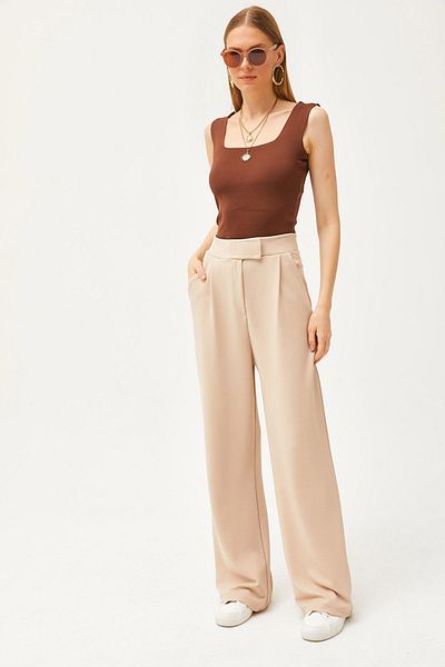 Olalook Beige Palazzo-Hose mit Klettverschluss in der Taille für Damen PNT-19000254