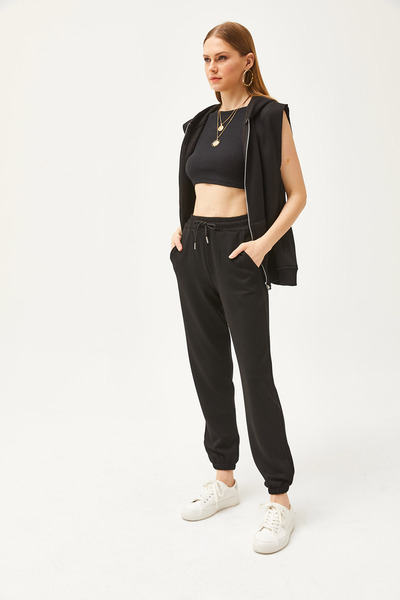 Olalook Women's Black Pocketed Soft Textured Modal Jogger Sweatpants EŞF-00000067