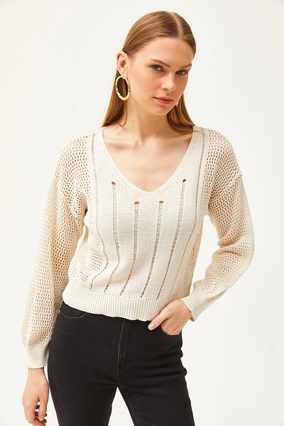 Olalook Women's Ecru V-Neck Striped Sleeve Hollowed Cotton Knit Blouse BLZ-19002497