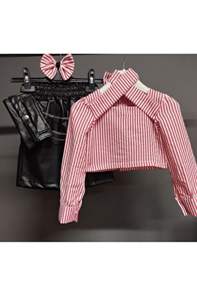 nisaykids Girl's blouse-leather shorts-bag-buckle set