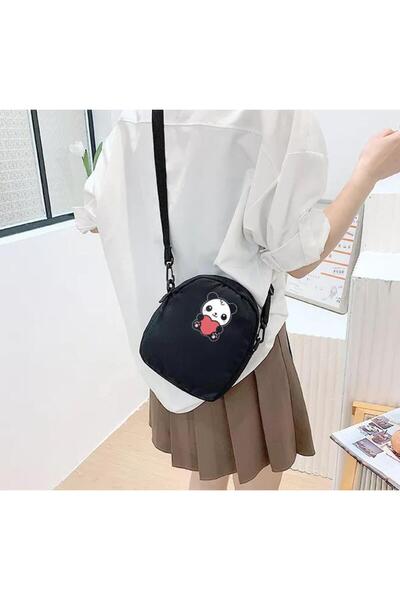 Toum Panda With Heart Baskılı Fermuarlı Unisex Kanvas Siyah Omuz Çantası