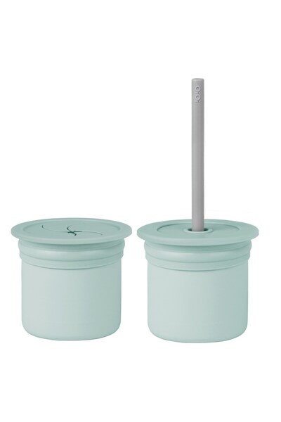 OiOi Ham Hüp Pipetli Silikon Bardak Seti River Green / Powder Grey