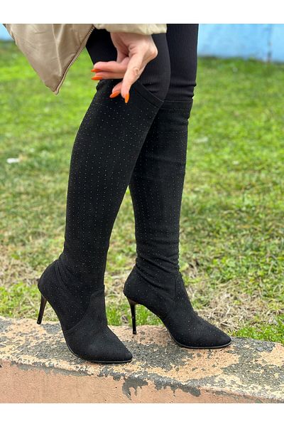 İmerShoes Cizme de seară cu toc înalt cu piatră neagră cu vârf ascuțit - Stretch fără fermoar 820