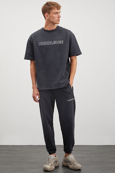 GRIMELANGE Reggie Men's 2 Piece Set Comfort Fit Polar-Free Fabric Embroidered Comfortable Anthracite Bottom-Top Suit
