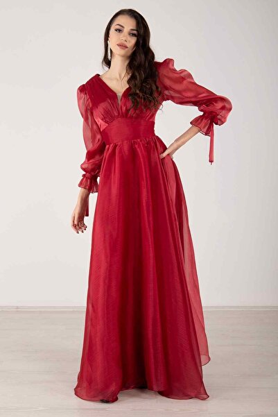 sarebutik Kadın Bordo Balon Kol V Yaka Uzun Abiye Elbise
