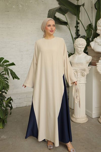 vuvutasarım Cream Charmi Fabric Wide Sleeve Double Color Design Belt Detailed Flowing Maxi Hijab Evening Dress 1812