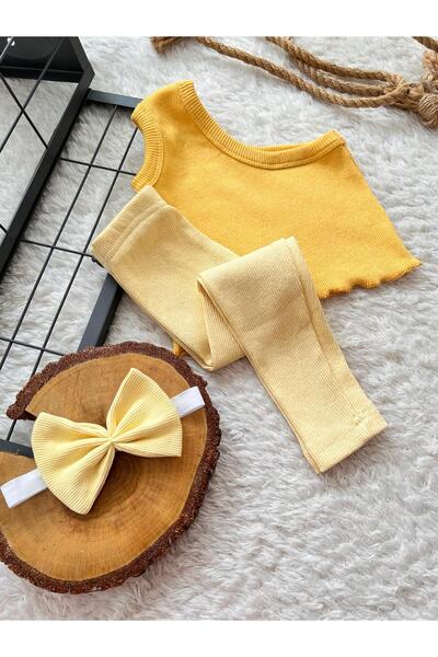 BAHNUR SARI BEBEK ÇOCUK TEK KOL CROP TAYT VE BANDANA SETİ TAKIMI