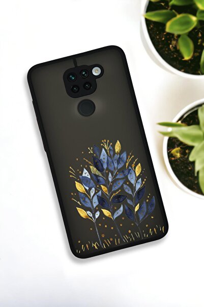 mooodcase Xiaomi Redmi Note 9 Uyumlu Mavi Yaprak Desenli Buzlu Şeffaf Lüx Telefon Kılıfı