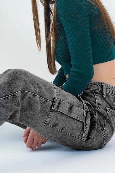 TheJOJODesign Girls' Cargo Pocket Detailed High Waist Wide Leg Jeans