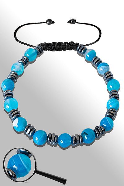 Tesbih Atölyesi Certified Hematite 6 Mm Natural Blue Agate Stone Bracelet - Adjustable